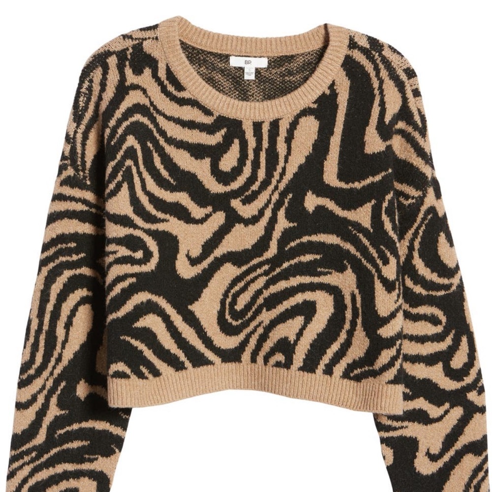 BP. Crop Crewneck Animal Print Zebra Tan Black Sweater size XS